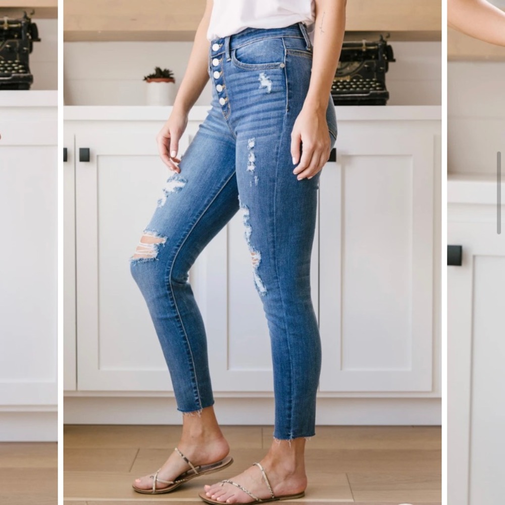 Judy Blue High Rise ButtonUp Straight Ripped Jeans - Picture 3 of 13